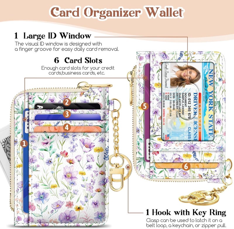 GIANCOMICS Slim Wallet Credit Card Holder Women, Purple Flower Rfid Blocking Small Card Case, Keychain Thin Pocket Curved Zipper Wallet, Travel Card Holder PU Leather ID Window, Ladies Female Gifts - Image 4